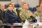 Gen. Lori J. Robinson, commander, North American Aerospace Defense Command (NORAD) and United States Northern Command (USNORTHCOM) visited Joint Force Headquarters-National Capital Region and the U.S. Army Military District of Washington Commanding General, Maj. Gen. Bradley A. Becker on Fort Lesley J. McNair, Aug. 10, 2016. Robinson met with Becker for an office call and received a command and capabilities brief from the Deputy Commander, Egon Hawrylak. JFHQ-NCR/MDW directors and commanders were on hand to answer any questions from Robinson and her staff. (U.S. Army photo by Courtney Dock)