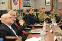 Gen. Lori J. Robinson, commander, North American Aerospace Defense Command (NORAD) and United States Northern Command (USNORTHCOM) visited Joint Force Headquarters-National Capital Region and the U.S. Army Military District of Washington Commanding General, Maj. Gen. Bradley A. Becker on Fort Lesley J. McNair, Aug. 10, 2016. Robinson met with Becker for an office call and received a command and capabilities brief from the Deputy Commander, Egon Hawrylak. JFHQ-NCR/MDW directors and commanders were on hand to answer any questions from Robinson and her staff. (U.S. Army photo by Courtney Dock)