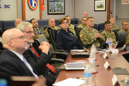 Gen. Lori J. Robinson, commander, North American Aerospace Defense Command (NORAD) and United States Northern Command (USNORTHCOM) visited Joint Force Headquarters-National Capital Region and the U.S. Army Military District of Washington Commanding General, Maj. Gen. Bradley A. Becker on Fort Lesley J. McNair, Aug. 10, 2016. Robinson met with Becker for an office call and received a command and capabilities brief from the Deputy Commander, Egon Hawrylak. JFHQ-NCR/MDW directors and commanders were on hand to answer any questions from Robinson and her staff. (U.S. Army photo by Courtney Dock)