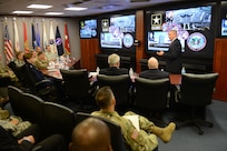 Gen. Lori J. Robinson, commander, North American Aerospace Defense Command (NORAD) and United States Northern Command (USNORTHCOM) visited Joint Force Headquarters-National Capital Region and the U.S. Army Military District of Washington Commanding General, Maj. Gen. Bradley A. Becker on Fort Lesley J. McNair, Aug. 10, 2016. Robinson met with Becker for an office call and received a command and capabilities brief from the Deputy Commander, Egon Hawrylak. JFHQ-NCR/MDW directors and commanders were on hand to answer any questions from Robinson and her staff. (U.S. Army photo by Courtney Dock)