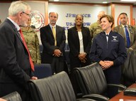 Gen. Lori J. Robinson, commander, North American Aerospace Defense Command (NORAD) and United States Northern Command (USNORTHCOM) visited Joint Force Headquarters-National Capital Region and the U.S. Army Military District of Washington Commanding General, Maj. Gen. Bradley A. Becker on Fort Lesley J. McNair, Aug. 10, 2016. Robinson met with Becker for an office call and received a command and capabilities brief from the Deputy Commander, Egon Hawrylak. JFHQ-NCR/MDW directors and commanders were on hand to answer any questions from Robinson and her staff. (U.S. Army photo by Courtney Dock)