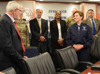 Gen. Lori J. Robinson, commander, North American Aerospace Defense Command (NORAD) and United States Northern Command (USNORTHCOM) visited Joint Force Headquarters-National Capital Region and the U.S. Army Military District of Washington Commanding General, Maj. Gen. Bradley A. Becker on Fort Lesley J. McNair, Aug. 10, 2016. Robinson met with Becker for an office call and received a command and capabilities brief from the Deputy Commander, Egon Hawrylak. JFHQ-NCR/MDW directors and commanders were on hand to answer any questions from Robinson and her staff. (U.S. Army photo by Courtney Dock)