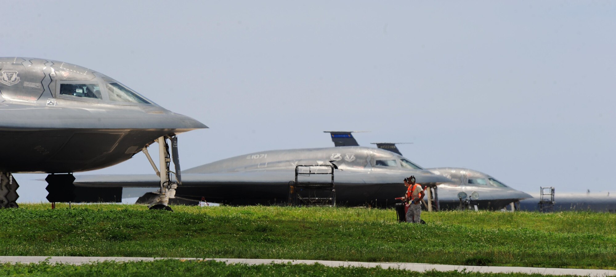 A U.S. Air Force B -2 Spirit aircraft deployed from Whiteman Air Force Base, Mo., waits to taxi onto the flightline at Andersen Air Force Base, Guam, Aug. 12, 2016. The U.S. military has maintained a deployed strategic bomber presence in the Pacific since March 2004, which has contributed significantly to regional security and stability. (U.S. Air force photo by Senior Airman Jovan Banks)