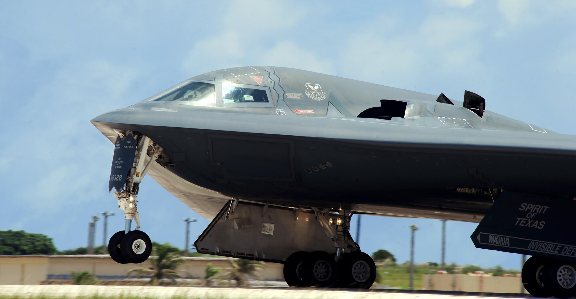 A U.S. Air Force B -2 Spirit aircraft deployed from Whiteman Air Force Base, Mo., launches from the runway at Andersen Air Force Base, Guam, Aug. 12, 2016. Thanks to its subsonic speeds and its nearly 7,000 mile unrefueled range, the B-2 Spirit is capable of bringing massive firepower, in a short time, anywhere on the globe through the most challenging defenses. (U.S. Air force photo by Senior Airman Jovan Banks)