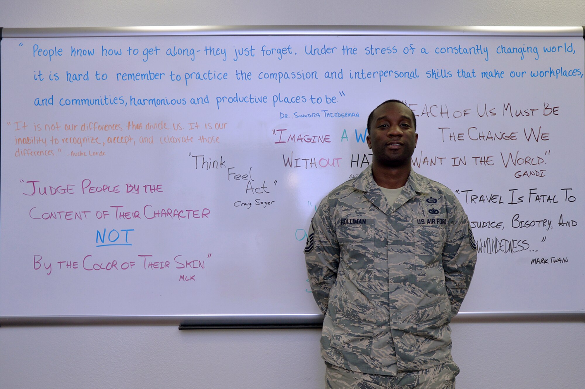 U.S. Air Force Master Sgt. Brandon Holliman, 17th Training Wing Equal Opportunity NCO in charge, stands in front of a whiteboard at the Equal Opportunity office on Goodfellow Air Force Base, Texas, Aug. 10, 2016. Holliman is the 17th TRW spotlight for July, a series highlighting the accomplishments of wing personnel.(U.S. Air Force photo by Airman 1st Class Randall Moose/Released)