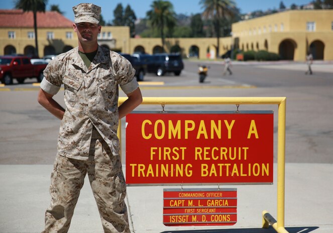 Private First Class Nicholas W. Nichols, Alpha Company, 1st Recruit Training Battalion, stands outside his squad bay at Marine Corps Recruit Depot San Diego, Aug. 15. Nichols was the oldest recruit in his platoon at 26 years old. Following recruit training, Nichols will report to the School of Infantry at Camp Pendleton, Calif., and then to his military occupation specialty school to become an expeditionary airfield system technician.