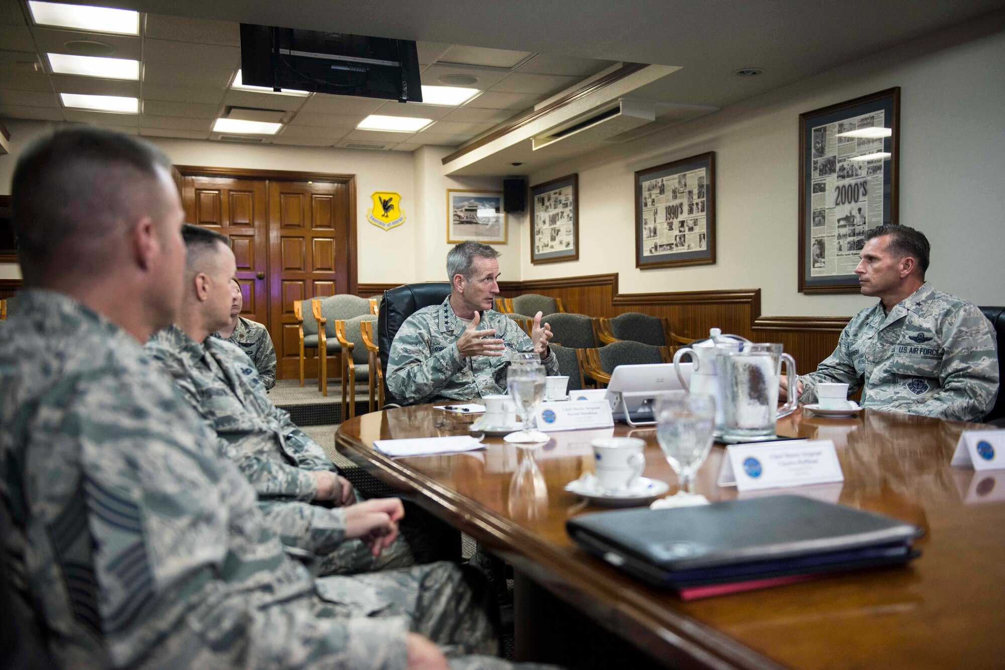 U.S. Air Force Gen. Terrence J. O’Shaughnessy, Pacific Air Forces commander, speaks with. U.S. Air Force Gen. Barry Cornish, Kadena Air Base commander, about Kadena’s role and mission in PACAF during his first visit to Kadena, Aug. 10, 2016. During his three-day visit, the general met with Airmen and gained insight on the mission and capabilities of Team Kadena. (U.S. Air Force photo by Senior Airman Omari Bernard)
