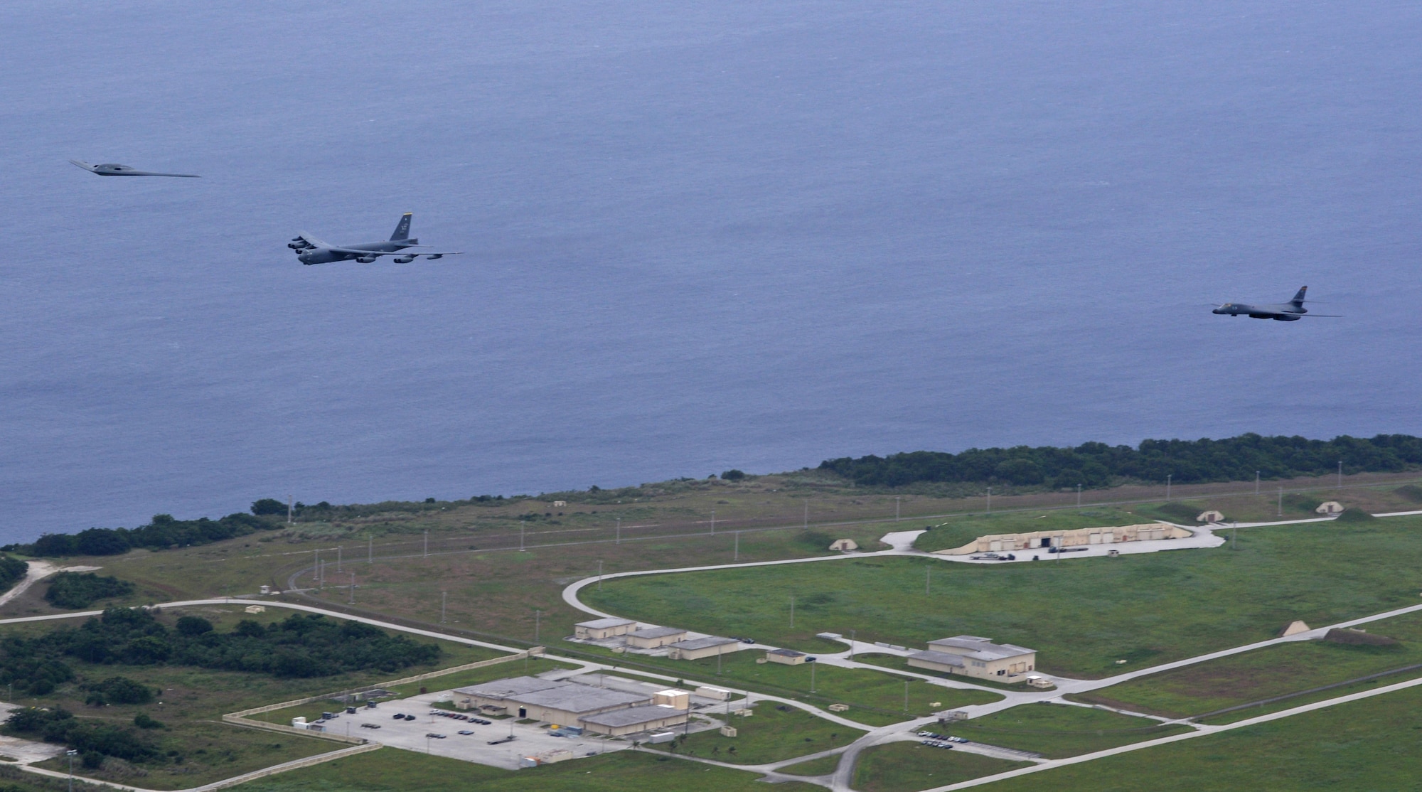 A U.S. Air Force B-52 Stratofortress, B-1 Lancer and B-2 Spirit launch from Andersen Air Force Base, Guam, for an integrated bomber operation Aug.17, 2016. This mission marks the first time in history that all three of Air Force Global Strike Command's strategic bomber aircraft are simultaneously conducting integrated operations in the U.S. Pacific Command area of operations. As of Aug. 15, the B-1 Lancer will be temporarily deployed to Guam in support of U.S. Pacific Command's Continuous Bomber Presence mission. (U.S. Air Force photo by Senior Airman Joshua Smoot)