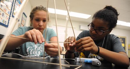 KING GEORGE. Va. – Middle school students build a balsa wood tower they designed at the 2016 Naval Surface Warfare Center Dahlgren Division (NSWCDD)-sponsored Navy science, technology, engineering, and mathematics (STEM) Summer Academy, held June 27 to July 1. They were among 96 middle school students who developed their teamwork and problem-solving skills in math and science while partnering with a teacher and an NSWCDD scientist or engineer.  