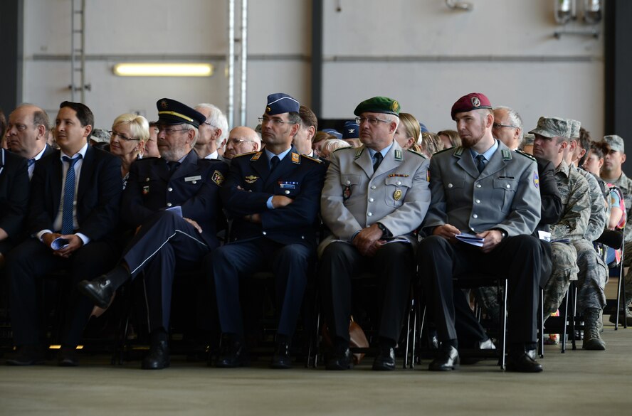 German Officials attend the change of command ceremony of the 86th Airlift Wing, Aug. 17, 2016, Ramstein Air Base, Germany. Brig. Gen. Richard G. Moore Jr. succeeded Brig. Gen. Jon T. Thomas as commander of the 86th AW. (U.S. Air Force photo/ Airman 1st Class Joshua Magbanua)