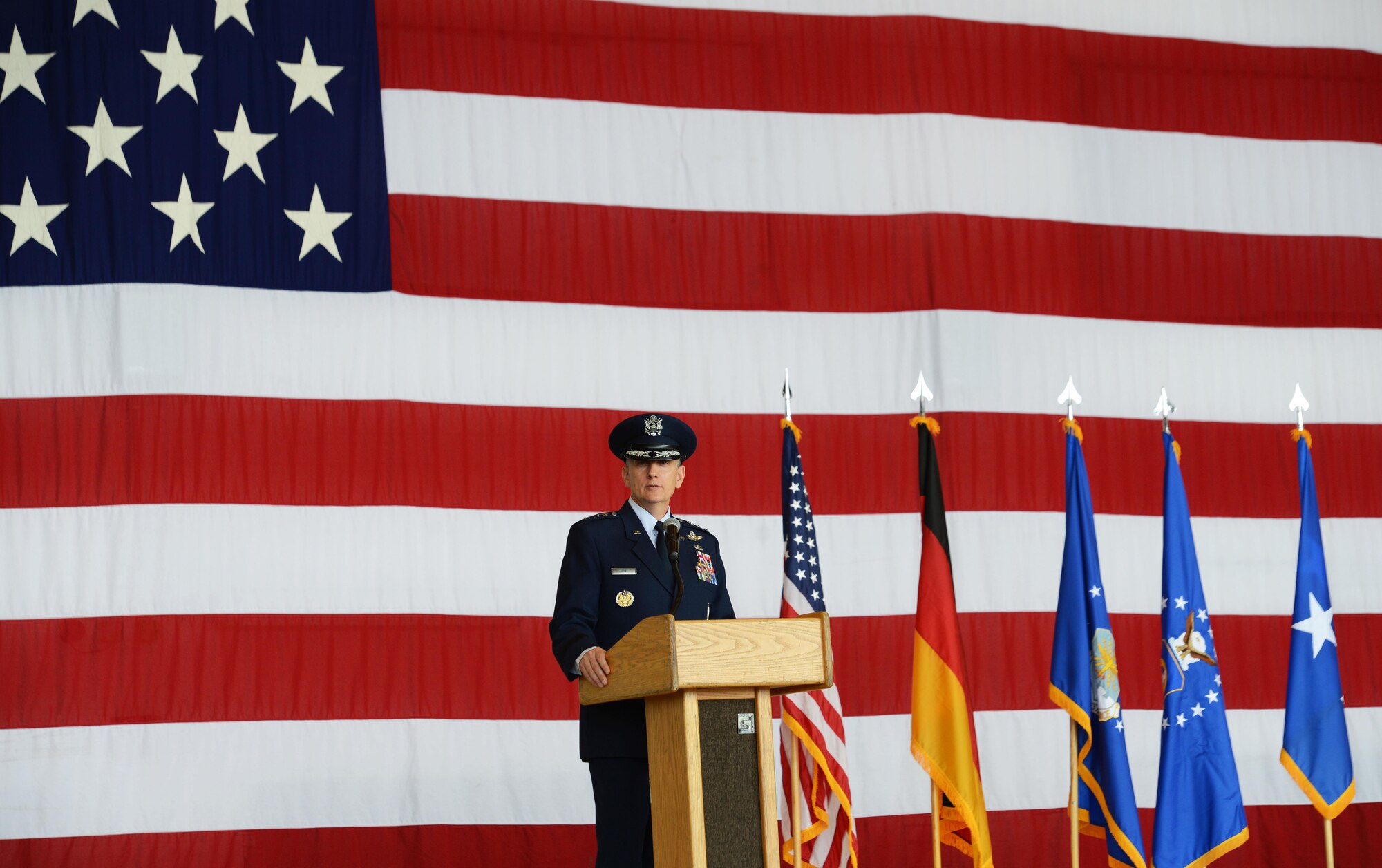 Lt. Gen. Timothy M. Ray, 3rd Air Force commander, gives a speech during a change of command ceremony Aug. 17, 2016, Ramstein Air Base. Ray presided over the ceremony in which Brig. Gen. Richard G. Moore Jr. took command of the 86th Airlift Wing from Brig. Gen. Jon T. Thomas. (U.S. Air Force photo/ Airman 1st Class Joshua Magbanua)