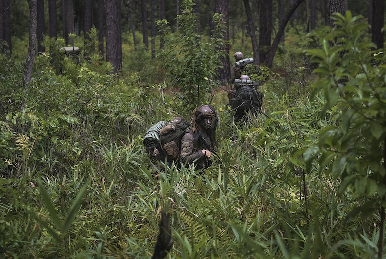 Combat Control School students assigned to the 352nd Battlefield Airmen Training Squadron, hike through overgrown woodlands during a tactics field training exercise at Camp Mackall, N.C., Aug. 3, 2016. The 352nd BA TS, or Combat Controller School, is the home of a 13-week course that provides initial CCT qualifications. The training includes, small unit tactics, land navigation, communications, assault zones, physical training demolitions, fire support and field operations including parachuting. At the completion of this course, each graduate is awarded the three-skill level, scarlet beret and CCT flash. (U.S. Air Force photo by Senior Airman Ryan Conroy)