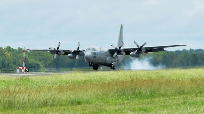 A Colombian Air Force C-130 Hercules lands at Barksdale Air Force Base, La., Aug. 13, 2016. The Colombian Air Force brought 45 airmen and four A-29B Super Tucanos to the base to participate in the Green Flag East exercise, which ends Aug. 29. (U.S. Air Force photo/Senior Airman Mozer O. Da Cunha)