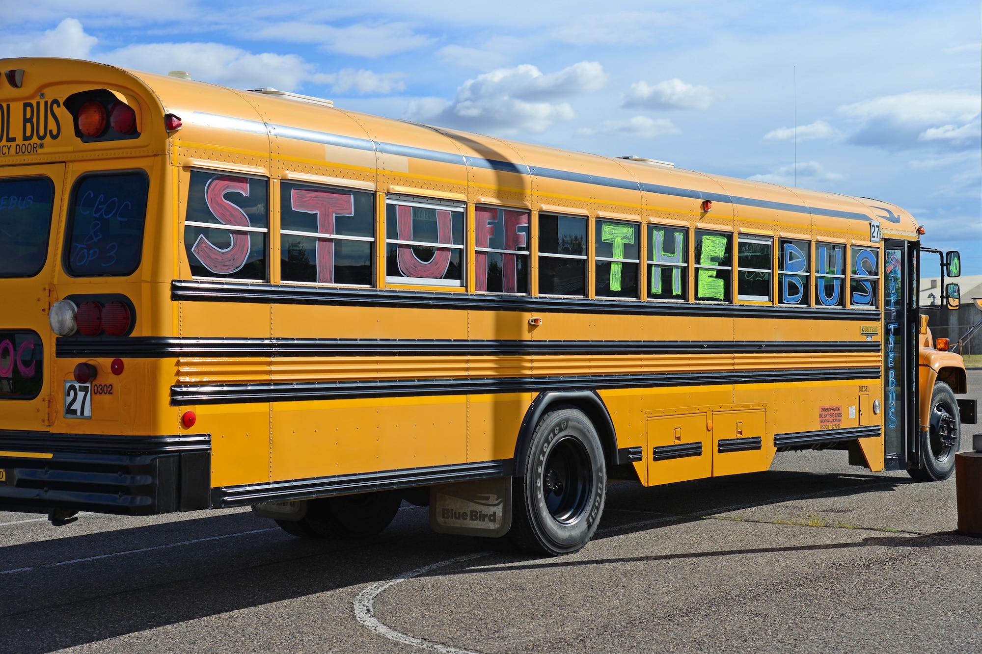 The 341st Missile Wing Company Grade Officers’ Council and the Top 3 are teaming up to stuff the bus for children this upcoming school year. Supplies can be dropped off at the bus in the parking lot across from the Grizzly Bend from 7 a.m. to 8 p.m. through Aug. 18. Once all of the items are received, they will be taken to Great Falls Public Schools to be distributed throughout the school district. (U.S. Air Force photo/Airman 1st Class Daniel Brosam)