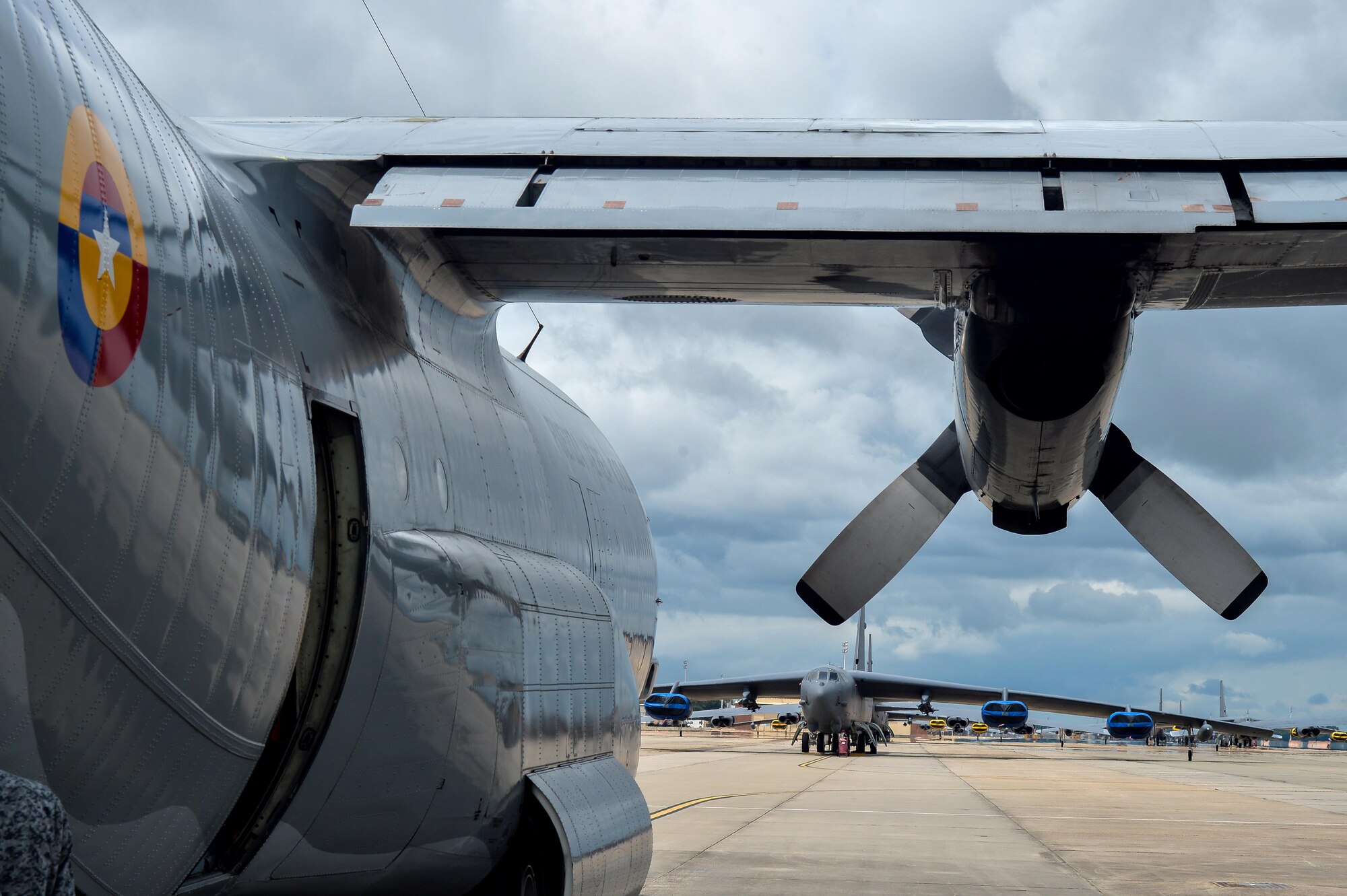 A Colombian Air Force C-130 Hercules sits on the ramp after offloading personnel and cargo at Barksdale Air Force Base, La., Aug. 13, 2016. The Colombians arrived to Barksdale to participate in Exercise Green Flag East. (U.S. Air Force photo/Senior Airman Mozer O. Da Cunha)