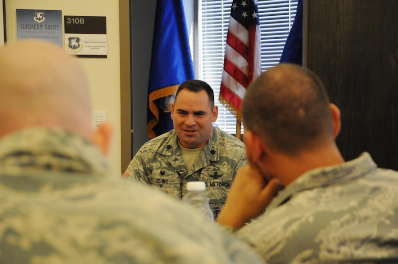 Lt. Col. Sherman Johns, 4th Space Operations Squadron commander, gives his closing remarks during the Senior NCO Professional Enhancement Course at Schriever Air Force Base, Colorado, Tuesday, Aug. 9, 2016. The class involved discussion between enlisted and officer senior leadership. (U.S. Air Force photo/Airman William Tracy) 
