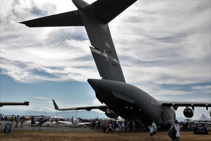 An aircrew from the 21st Airlift Squadron flew to Abbotsford, British Columbia, to participate in the Abbotsford International Airshow, Aug. 12-14, 2016. Visitors were invited to tour the cargo bay of the C-17 Globemaster III, as well as sit in the cockpit and learn about various flight controls. (U.S. Air Force photo by 2nd Lt. Geneva Croxton)