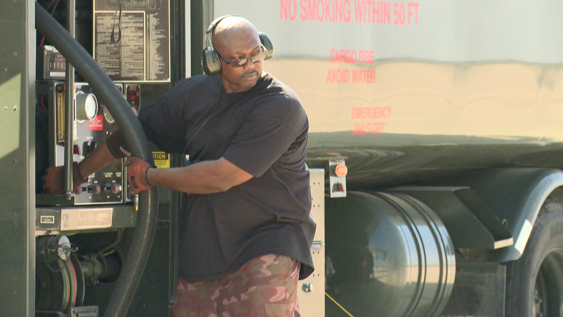 Daniels monitors fuel flowing from the flight’s gas station into his R-11 refueler vehicle Sept. 30, 2015, at JBSA-Lackland. On a typical day he can pump 50,000 to 100,000 gallons.  