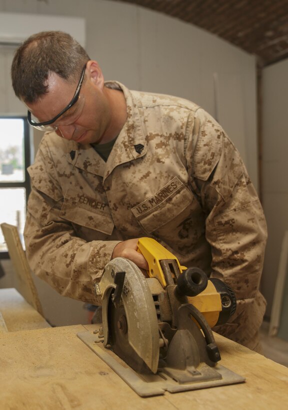 Sgt. Brandon S. Fender, a construction foreman with Engineer Services Company, Combat Logistics Battalion 25, cuts a plank of wood in order to frame a window during Innovative Readiness Training Dry Tortugas at Dry Tortugas National Park, Fla., Aug. 15, 2016. IRT Dry Tortugas is an Air Force Reserve-led project to provide construction services at the request of the National Park Service. During this year’s iteration, the Marines and Airmen worked together to renovate the crew quarters of Fort Jefferson in Dry Tortugas. (U.S. Marine Corps photo by Sgt. Ian Leones/Released)