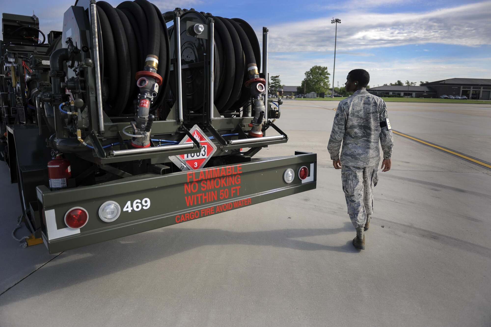 Senior Airmen Darrien Smith, 87th Logistics Readiness Squadron Fuels Management Flight fuels distribution operator, prepares to refuel a KC-10 Extender on the flightline at Joint Base McGuire-Dix-Lakehurst, N.J., Aug. 16, 2016. The FMF facilitates the transportation of more than 200,000 gallons of fuel across the Joint Base every day. 
