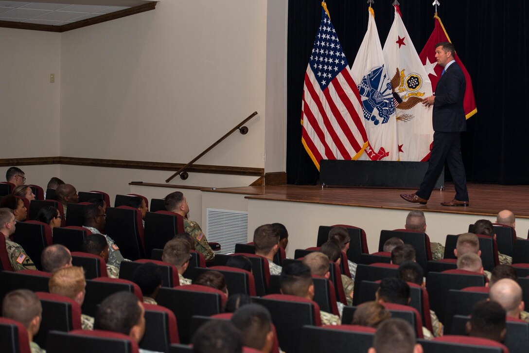 Patrick J. Murphy, Under Secretary of the Army, holds a town hall at Fort Eustis, Va., Aug. 16, 2016. Murphy addressed Soldiers from various units concerning questions about education, transitioning and readiness. (U.S. Air Force photo by Airman 1st Class Derek Seifert)