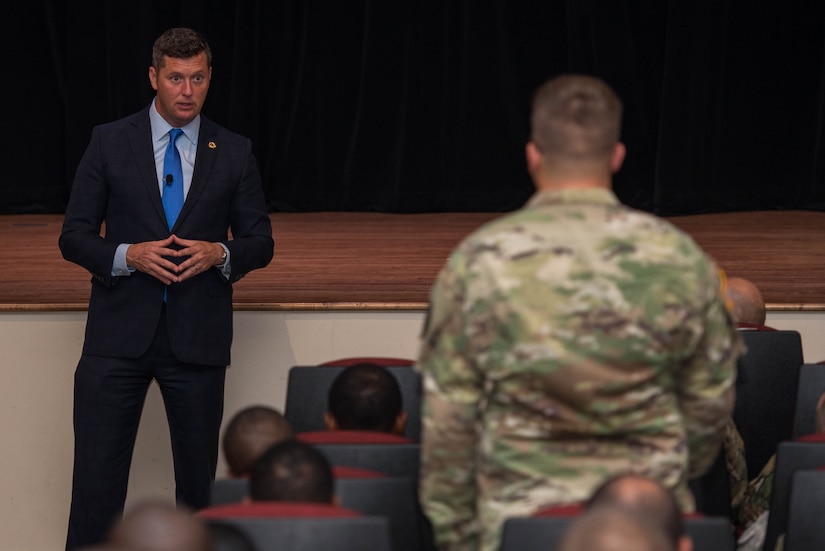 Patrick J. Murphy, Under Secretary of the Army, replies to a Soldier’s question during a town hall at Fort Eustis, Va., Aug. 16, 2016. Murphy addressed issues and challenges concerning Service members transitioning from the military to civilian life and programs within the military. (U.S. Air Force photo by Airman 1st Class Derek Seifert)