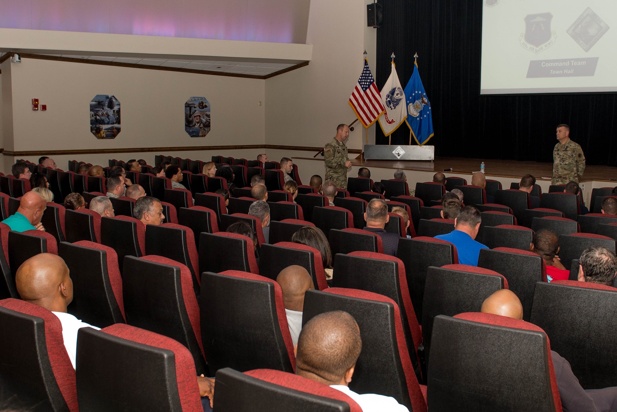 U.S. Army Col. Ralph Clayton III, 733rd Mission Support Group commander, and Command Sergeant Major James Herrington, 733rd MSG, host a town hall at Wythe Theater on Fort Eustis, Va., Aug. 9, 2016. Clayton and Herrington outlined their priorities for 733rd MSG personnel. (U.S. Air Force photo by Airman 1st Class Derek Seifert)