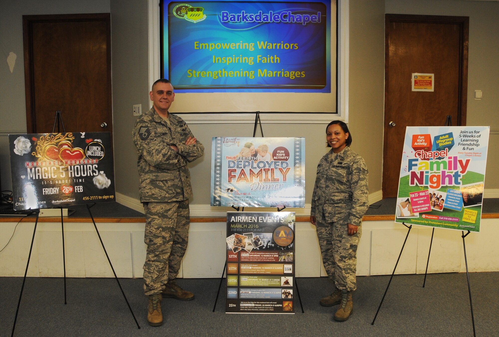 Master Sgt. Joseph McCurdy, 2nd Bomb Wing chapel operations superintendent, and Senior Airman Jasmine Jones, 2nd BW chaplain assistant, pose for a photo at Chapel II Annex at Barksdale Air Force Base, La., Aug. 17, 2016. The primary mission of a chaplain assistant is to take care of the chaplains by providing security and safety during a combat mission, or taking care of the administrative, logistics and finances during peacetime. (U.S. Air Force photo/Airman Alexis C. Schultz)