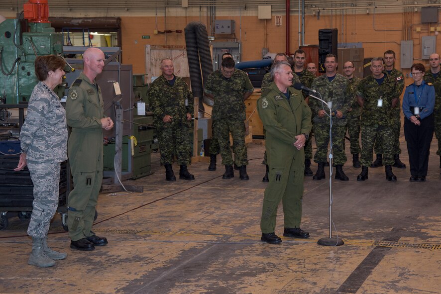 Major-General Christian Drouin, Commander of 1 Canadian Air Division, addresses members of 4 Wing Cold Lake during a visit by General Lori Robinson, Commander of the North American Aerospace Defense Command and U.S. Northern Command, at 4 Wing Cold Lake, Alberta, Canada, August 15, 2016.