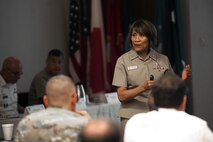 Vice Adm. Raquel Bono, Defense Health Agency director, gives a presentation at the Military Treatment Facility Commanders and Stakeholders Forum Aug. 16, 2016, at Kadena Air Base, Japan. Bono visited MTFs throughout Okinawa before speaking at the Forum, held to explore some opportunities in improving the delivery of care. (U.S. Air Force photo by Airman 1st Class Corey M. Pettis)