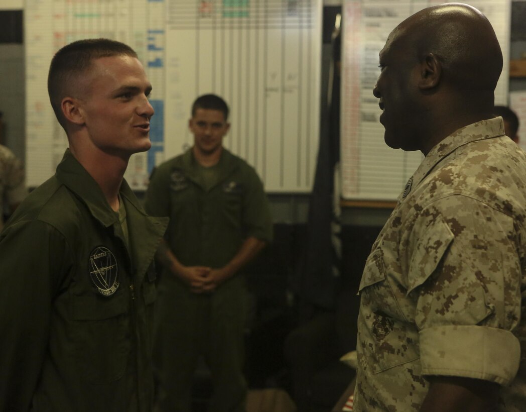 Sgt. Maj. Ronald Green, sergeant major of the Marine Corps, visited Marines with Marine Aerial Refueler Transport Squadron (VMGR) 352 during his visit aboard Marine Corps Air Station Miramar, Calif., Aug. 17. During his visit, Green went to different squadrons and thanked the Marines for their hard work and dedication to the Corps. (U.S. Marine Corps photo by Cpl. Kimberlyn Adams/Released)