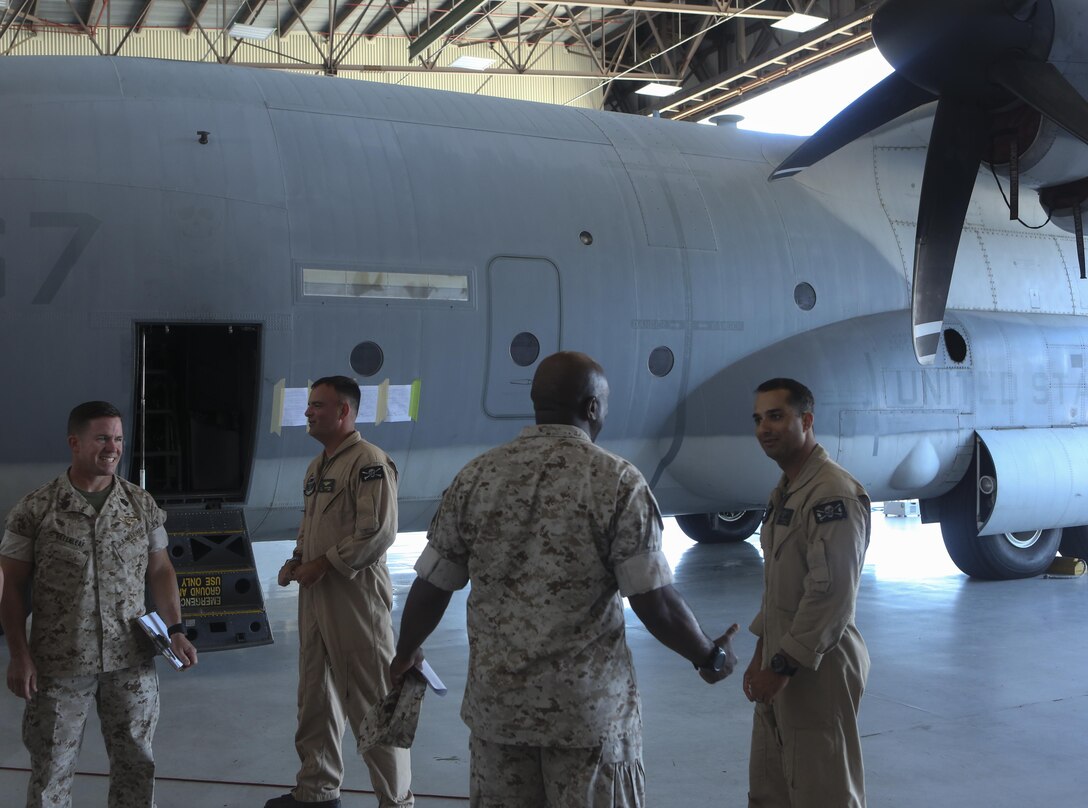 Sgt. Maj. Ronald Green, sergeant major of the Marine Corps, visited Marines with Marine Aerial Refueler Transport Squadron (VMGR) 352 during his visit aboard Marine Corps Air Station Miramar, Calif., Aug. 17. During his visit, Green went to different squadrons and thanked the Marines for their hard work and dedication to the Corps. (U.S. Marine Corps photo by Cpl. Kimberlyn Adams/Released)
