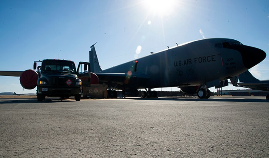 Airman 1st Class Thomas Fisher, 92nd Maintenance Group crew chief, checks on the fuel line connection to his assigned KC-135 Aug. 16, 2016, at Fairchild Air Force Base, Wash. Refueling actions on a dry KC-135 may take approximately an hour or longer depending on the demand for fuel at a given time. (U.S. Air Force photo/ Airman 1st Class Ryan Lackey)