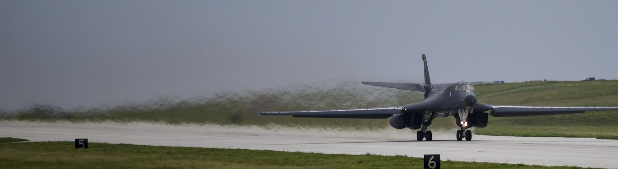 A U.S. Air Force B-1 Lancer takes off at Andersen Air Force Base, Guam, for an integrated bomber operation Aug.17, 2016. This mission marks the first time in history that all three of Air Force Global Strike Command's strategic bomber aircraft are simultaneously conducting integrated operations in the U.S. Pacific Command area of operations. As of Aug. 15, the B-1 Lancer will be temporarily deployed to Guam in support of U.S. Pacific Command's Continuous Bomber Presence mission. (U.S. Air Force photo by Tech Sgt Richard P. Ebensberger/Released)