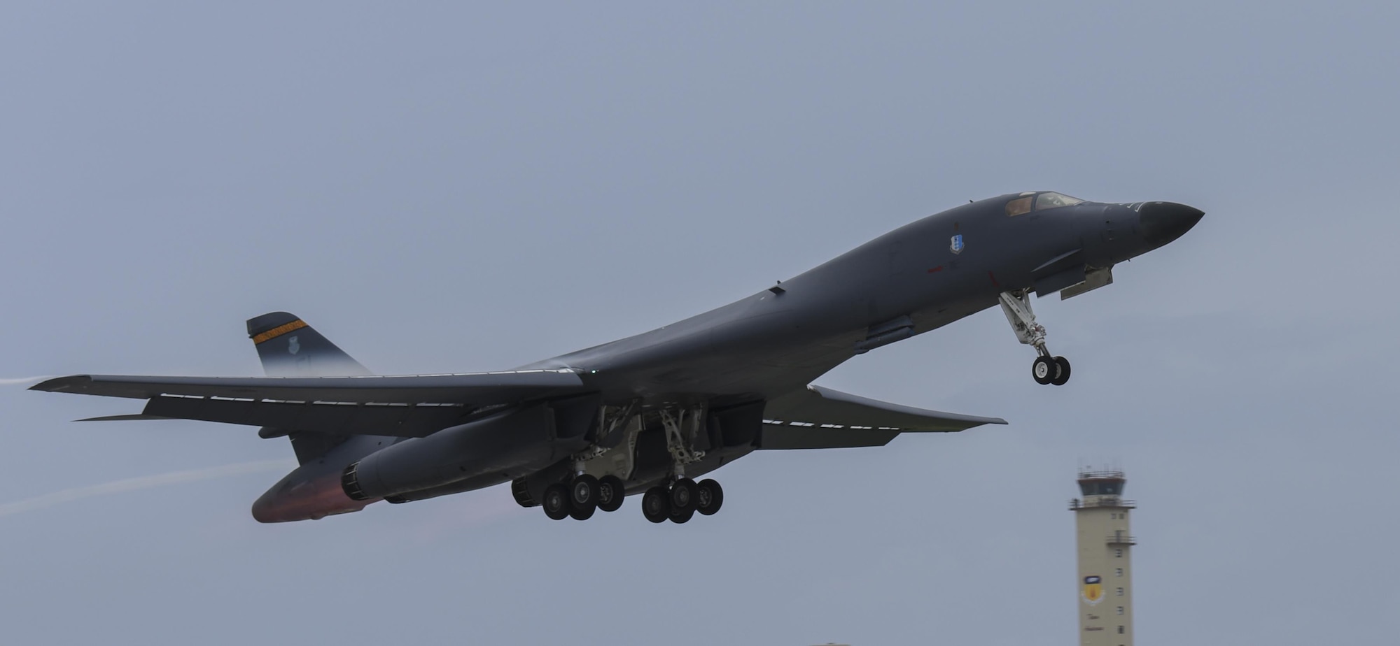 A U.S. Air Force B-1 Lancer takes off at Andersen Air Force Base, Guam, for an integrated bomber operation Aug.17, 2016. This mission marks the first time in history that all three of Air Force Global Strike Command's strategic bomber aircraft are simultaneously conducting integrated operations in the U.S. Pacific Command area of operations. As of Aug. 15, the B-1 Lancer will be temporarily deployed to Guam in support of U.S. Pacific Command's Continuous Bomber Presence mission. (U.S. Air Force photo by Tech Sgt Richard P. Ebensberger/Released)