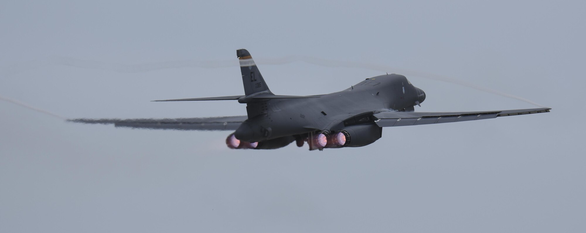 A U.S. Air Force B-1 Lancer takes off at Andersen Air Force Base, Guam, for an integrated bomber operation Aug.17, 2016. This mission marks the first time in history that all three of Air Force Global Strike Command's strategic bomber aircraft are simultaneously conducting integrated operations in the U.S. Pacific Command area of operations. As of Aug. 15, the B-1 Lancer will be temporarily deployed to Guam in support of U.S. Pacific Command's Continuous Bomber Presence mission. (U.S. Air Force photo by Tech Sgt Richard P. Ebensberger/Released)