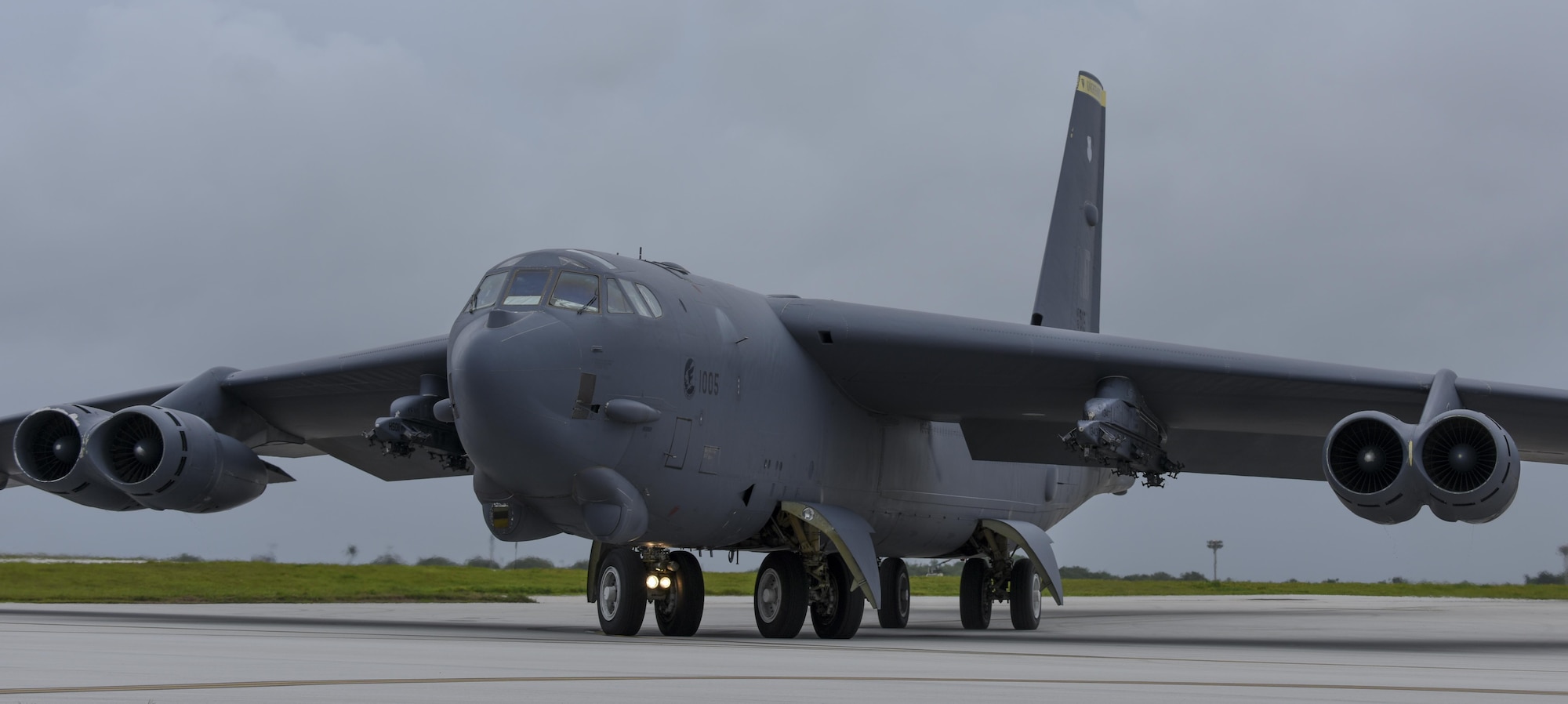 A U.S. Air Force B-52 Stratofortress taxis at Andersen Air Force Base, Guam, for an integrated bomber operation Aug.17, 2016. This mission marks the first time in history that all three of Air Force Global Strike Command's strategic bomber aircraft are simultaneously conducting integrated operations in the U.S. Pacific Command area of operations. As of Aug. 15, the B-1 Lancer will be temporarily deployed to Guam in support of U.S. Pacific Command's Continuous Bomber Presence mission. (U.S. Air Force photo by Tech Sgt Richard P. Ebensberger/Released)
