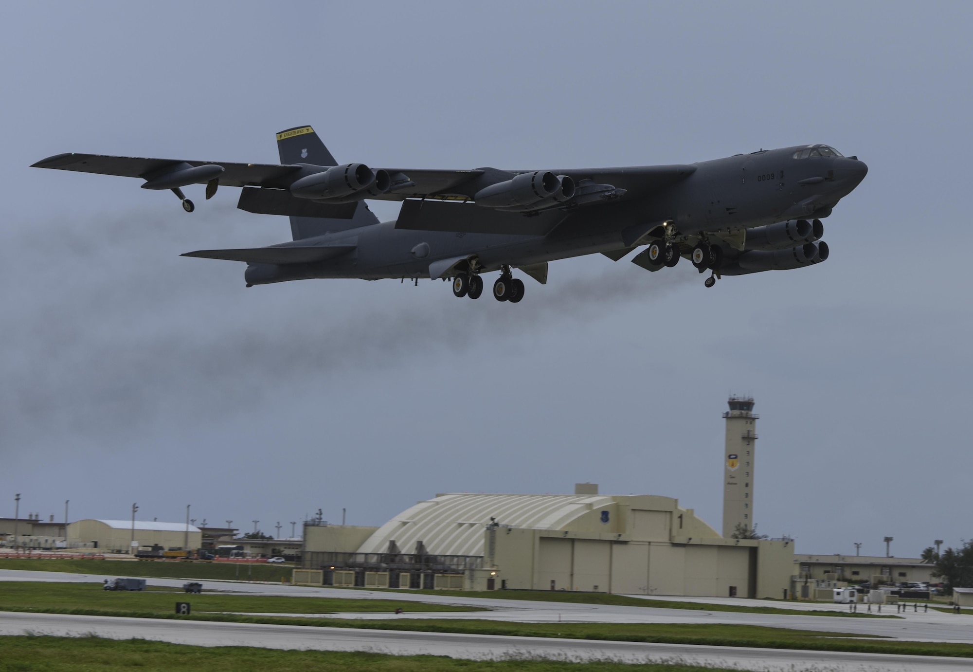 A U.S. Air Force B-52 Stratofortress takes off from Andersen Air Force Base, Guam, for an integrated bomber operation Aug.17, 2016. This mission marks the first time in history that all three of Air Force Global Strike Command's strategic bomber aircraft are simultaneously conducting integrated operations in the U.S. Pacific Command area of operations. As of Aug. 15, the B-1 Lancer will be temporarily deployed to Guam in support of U.S. Pacific Command's Continuous Bomber Presence mission. (U.S. Air Force photo by Tech Sgt Richard P. Ebensberger/Released)