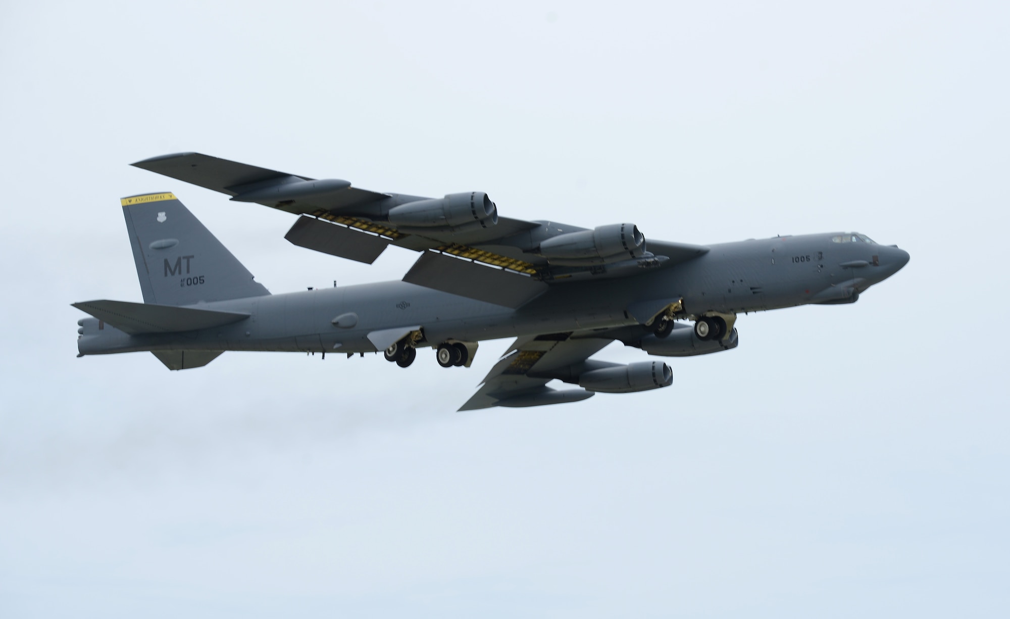 A U.S. Air Force B-52 Stratofortress takes off from Andersen Air Force Base, Guam, for an integrated bomber operation Aug.17, 2016. This mission marks the first time in history that all three of Air Force Global Strike Command's strategic bomber aircraft are simultaneously conducting integrated operations in the U.S. Pacific Command area of operations. As of Aug. 15, the B-1 Lancer will be temporarily deployed to Guam in support of U.S. Pacific Command's Continuous Bomber Presence mission. (U.S. Air Force photo by Airman 1st Class Arielle Vasquez/Released)