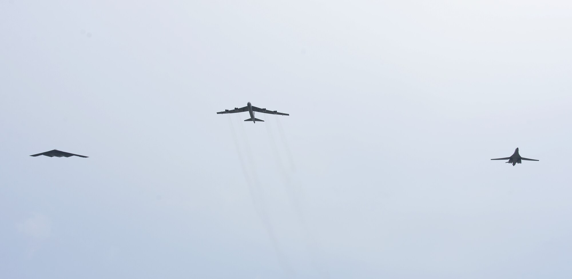 A U.S. Air Force B-52 Stratofortress, B-1 Lancer and B-2 Spirit launch from Andersen Air Force Base, Guam, for an integrated bomber operation Aug.17, 2016. This mission marks the first time in history that all three of Air Force Global Strike Command's strategic bomber aircraft are simultaneously conducting integrated operations in the U.S. Pacific Command area of operations. As of Aug. 15, the B-1 Lancer will be temporarily deployed to Guam in support of U.S. Pacific Command's Continuous Bomber Presence mission. (U.S. Air Force photo by Airman 1st Class Arielle Vasquez/Released)