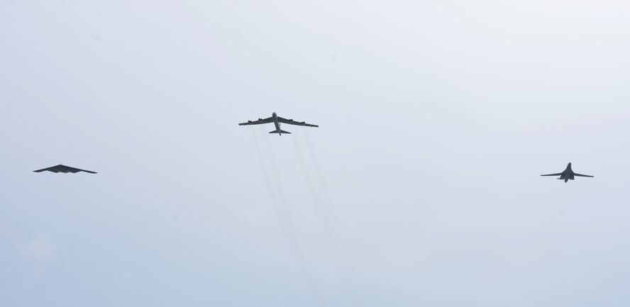 A U.S. Air Force B-52 Stratofortress, B-1 Lancer and B-2 Spirit launch from Andersen Air Force Base, Guam, for an integrated bomber operation Aug.17, 2016. This mission marks the first time in history that all three of Air Force Global Strike Command's strategic bomber aircraft are simultaneously conducting integrated operations in the U.S. Pacific Command area of operations. As of Aug. 15, the B-1 Lancer will be temporarily deployed to Guam in support of U.S. Pacific Command's Continuous Bomber Presence mission. (U.S. Air Force photo by Airman 1st Class Arielle Vasquez/Released)