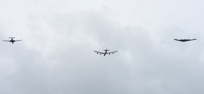 A U.S. Air Force B-52 Stratofortress, B-1 Lancer and B-2 Spirit launch from Andersen Air Force Base, Guam, for an integrated bomber operation Aug.17, 2016. This mission marks the first time in history that all three of Air Force Global Strike Command's strategic bomber aircraft are simultaneously conducting integrated operations in the U.S. Pacific Command area of operations. As of Aug. 15, the B-1 Lancer will be temporarily deployed to Guam in support of U.S. Pacific Command's Continuous Bomber Presence mission. (U.S. Air Force photo by Airman 1st Class Arielle Vasquez/Released)