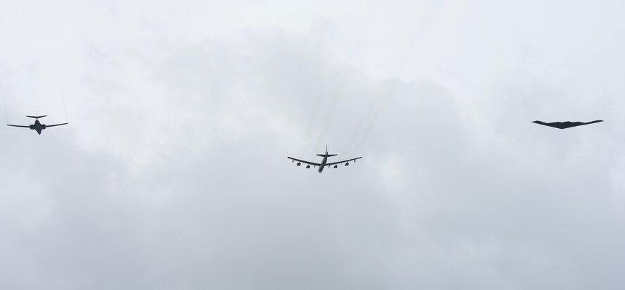 A U.S. Air Force B-52 Stratofortress, B-1 Lancer and B-2 Spirit launch from Andersen Air Force Base, Guam, for an integrated bomber operation Aug.17, 2016. This mission marks the first time in history that all three of Air Force Global Strike Command's strategic bomber aircraft are simultaneously conducting integrated operations in the U.S. Pacific Command area of operations. As of Aug. 15, the B-1 Lancer will be temporarily deployed to Guam in support of U.S. Pacific Command's Continuous Bomber Presence mission. (U.S. Air Force photo by Airman 1st Class Arielle Vasquez/Released)