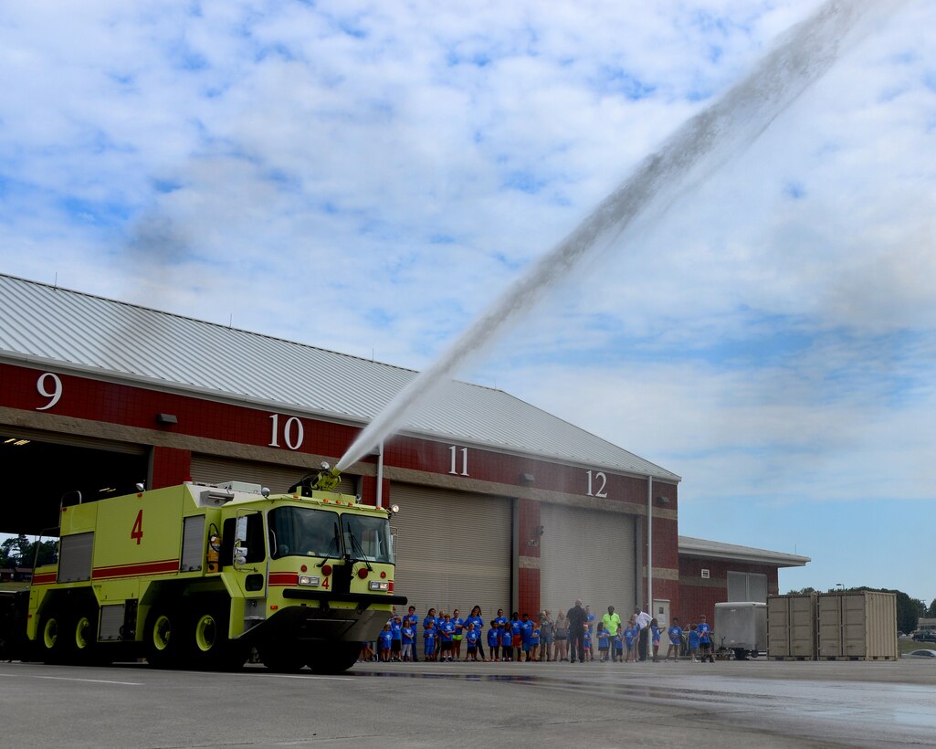 The Boys and Girls Club of Clinch Valley Roane County Unitwatch a water demonstration during a tour of the 134th Air Refueling Wing fire department July 26, 2016 at McGhee Tyson Air National Guard Base, Knoxville, Tenn. (U.S. Air National Guard photo by Staff Sgt. Daniel Gagnon)