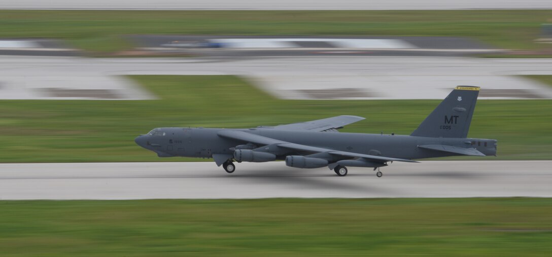 A U.S. Air Force B-52 Stratofortress takes off from Andersen Air Force Base, Guam, for an integrated bomber operation Aug.17, 2016. This mission marks the first time in history that all three of Air Force Global Strike Command's strategic bomber aircraft are simultaneously conducting integrated operations in the U.S. Pacific Command area of operations. As of Aug. 15, the B-1 Lancer will be temporarily deployed to Guam in support of U.S. Pacific Command's Continuous Bomber Presence mission. (U.S. Air Force photo by Airman 1st Class Jacob Skovo/Released)