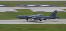 A U.S. Air Force B-52 Stratofortress takes off from Andersen Air Force Base, Guam, for an integrated bomber operation Aug.17, 2016. This mission marks the first time in history that all three of Air Force Global Strike Command's strategic bomber aircraft are simultaneously conducting integrated operations in the U.S. Pacific Command area of operations. As of Aug. 15, the B-1 Lancer will be temporarily deployed to Guam in support of U.S. Pacific Command's Continuous Bomber Presence mission. (U.S. Air Force photo by Airman 1st Class Jacob Skovo/Released)