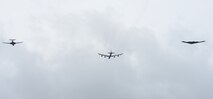 A U.S. Air Force B-52 Stratofortress, B-1 Lancer and B-2 Spirit launch from Andersen Air Force Base, Guam, for an integrated bomber operation Aug.17, 2016. This mission marks the first time in history that all three of Air Force Global Strike Command's strategic bomber aircraft are simultaneously conducting integrated operations in the U.S. Pacific Command area of operations. As of Aug. 15, the B-1 Lancer will be temporarily deployed to Guam in support of U.S. Pacific Command's Continuous Bomber Presence mission. (U.S. Air Force photo by Airman 1st Class Arielle Vasquez/Released)