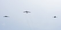 A U.S. Air Force B-52 Stratofortress, B-1 Lancer and B-2 Spirit launch from Andersen Air Force Base, Guam, for an integrated bomber operation Aug.17, 2016. This mission marks the first time in history that all three of Air Force Global Strike Command's strategic bomber aircraft are simultaneously conducting integrated operations in the U.S. Pacific Command area of operations. As of Aug. 15, the B-1 Lancer will be temporarily deployed to Guam in support of U.S. Pacific Command's Continuous Bomber Presence mission. (U.S. Air Force photo by Airman 1st Class Arielle Vasquez/Released)