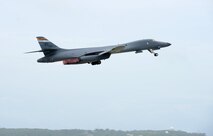 A U.S. Air Force B-1 Lancer takes off at Andersen Air Force Base, Guam, for an integrated bomber operation Aug.17, 2016. This mission marks the first time in history that all three of Air Force Global Strike Command's strategic bomber aircraft are simultaneously conducting integrated operations in the U.S. Pacific Command area of operations. As of Aug. 15, the B-1 Lancer will be temporarily deployed to Guam in support of U.S. Pacific Command's Continuous Bomber Presence mission. (U.S. Air Force photo by Airman 1st Class Arielle Vasquez/Released)