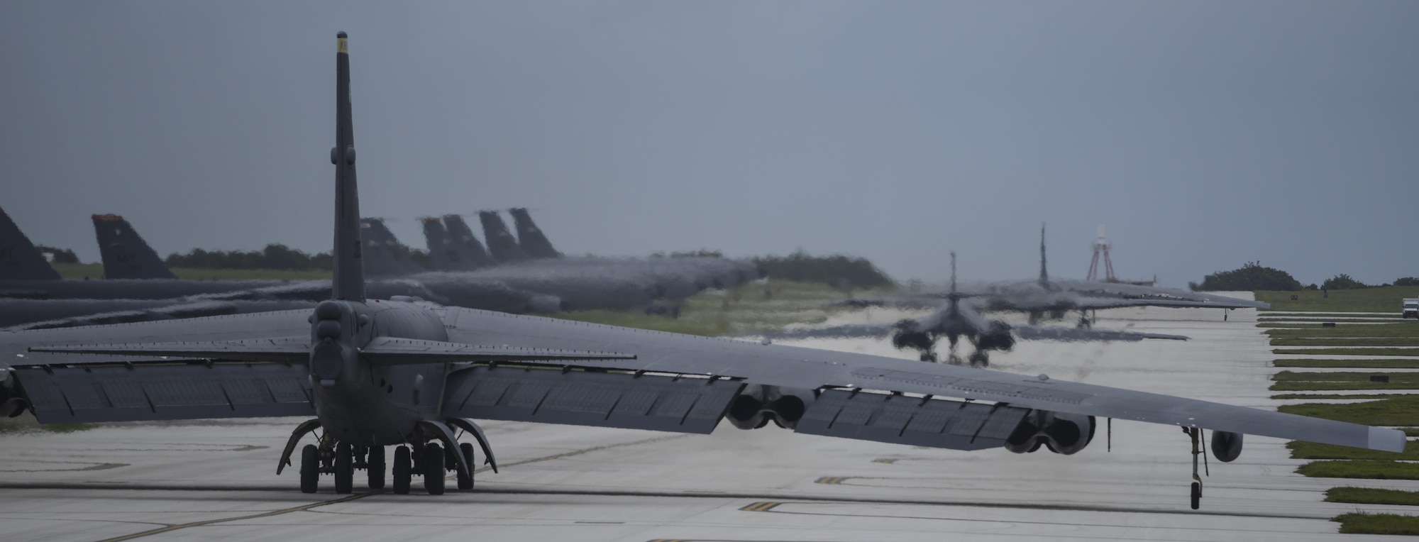 A U.S. Air Force B-52 Stratofortress, B-1 Lancer and B-2 Spirit launch from Andersen Air Force Base, Guam, for an integrated bomber operation Aug.17, 2016. This mission marks the first time in history that all three of Air Force Global Strike Command's strategic bomber aircraft are simultaneously conducting integrated operations in the U.S. Pacific Command area of operations. As of Aug. 15, the B-1 Lancer will be temporarily deployed to Guam in support of U.S. Pacific Command's Continuous Bomber Presence mission. (U.S. Air Force photo by Tech Sgt Richard P. Ebensberger/Released)